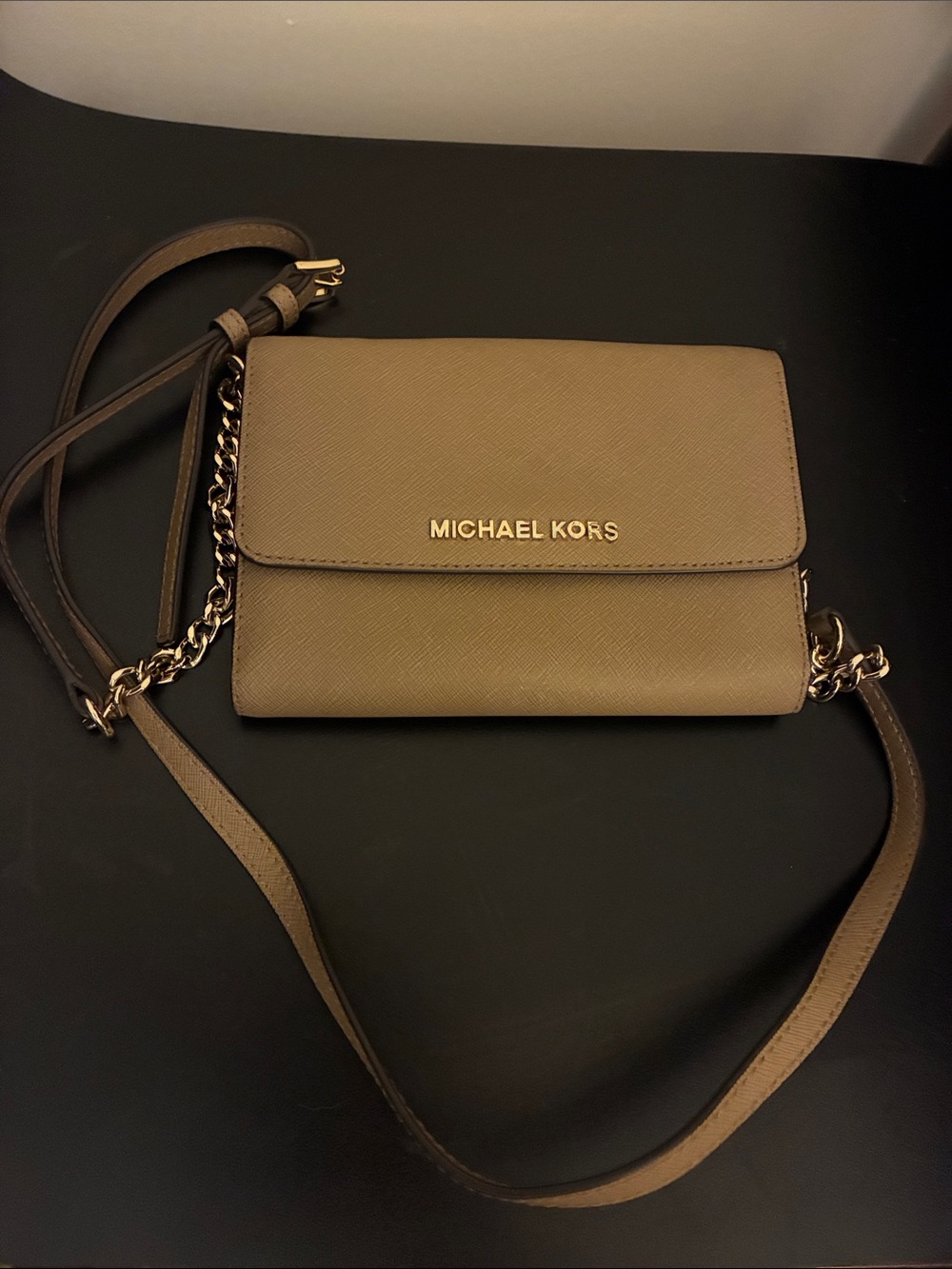 Michael Kors Taupe/Cream Crossbody Wallet with Gold Chain